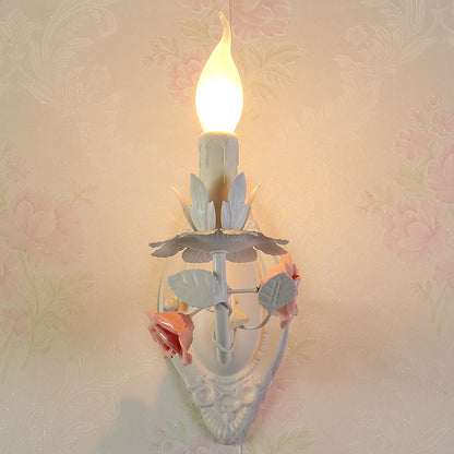 Blue/Pink 1-Light Wall Mount Lamp Pastoral Metallic Candle Wall Sconce Lighting with Flower Deco Pink Clearhalo 'Wall Lamps & Sconces' 'Wall Lights' Lighting' 1982570