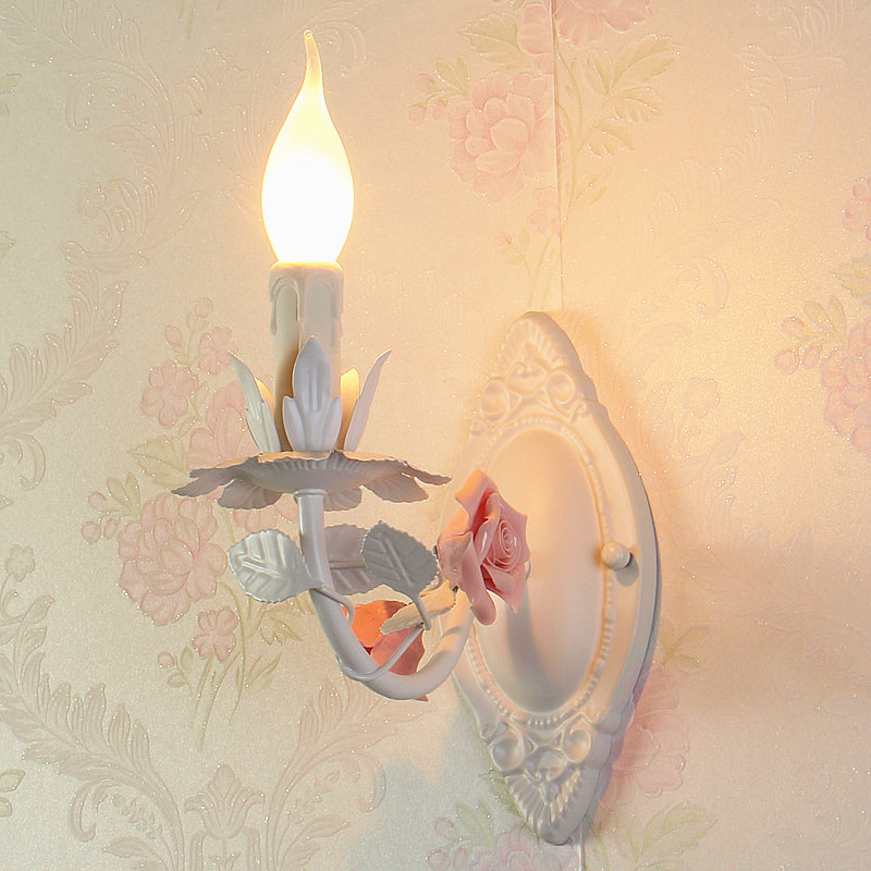 Blue/Pink 1-Light Wall Mount Lamp Pastoral Metallic Candle Wall Sconce Lighting with Flower Deco Clearhalo 'Wall Lamps & Sconces' 'Wall Lights' Lighting' 1982571