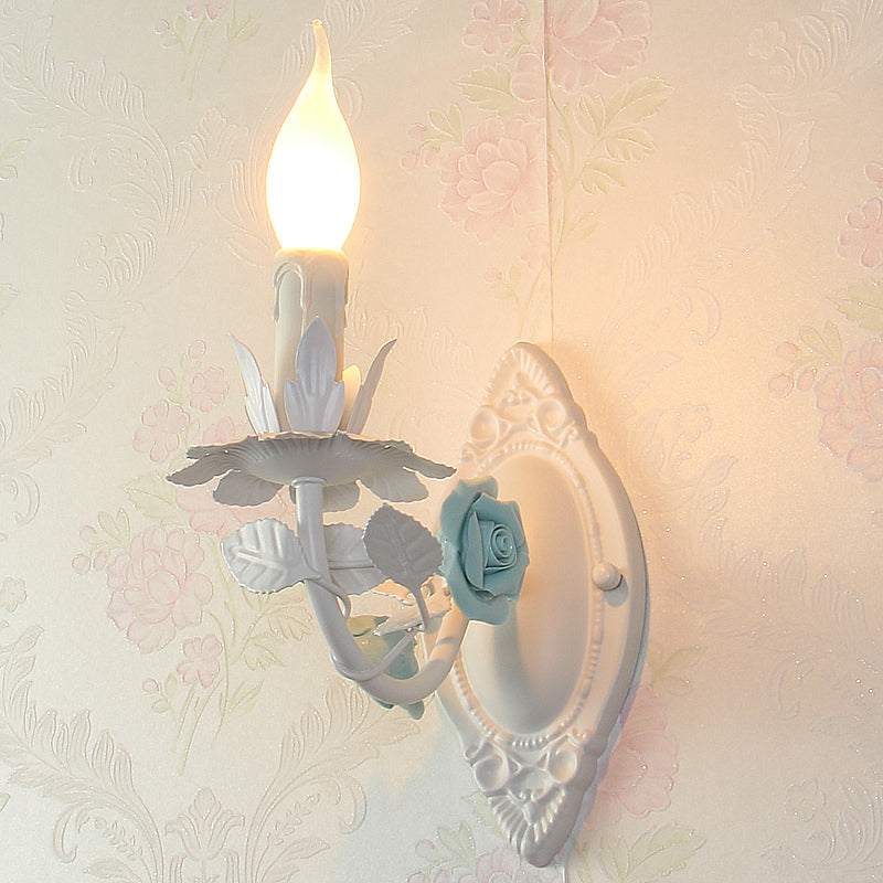 Blue/Pink 1-Light Wall Mount Lamp Pastoral Metallic Candle Wall Sconce Lighting with Flower Deco Blue Clearhalo 'Wall Lamps & Sconces' 'Wall Lights' Lighting' 1982576
