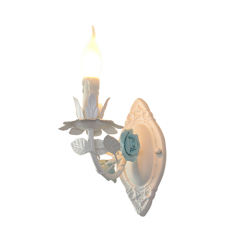 Blue/Pink 1-Light Wall Mount Lamp Pastoral Metallic Candle Wall Sconce Lighting with Flower Deco Clearhalo 'Wall Lamps & Sconces' 'Wall Lights' Lighting' 1982578