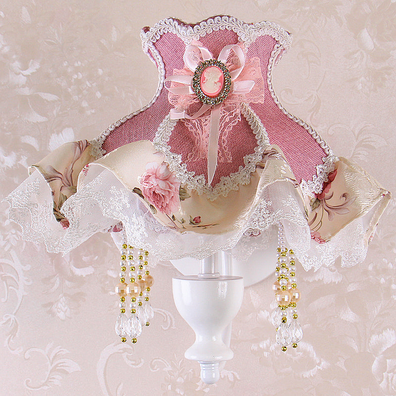 1-Light Ruffle Wall Light American Garden Pink Fabric Wall Mounted Lamp with Curved Arm and Crystal Deco Pink Clearhalo 'Wall Lamps & Sconces' 'Wall Lights' Lighting' 1982580