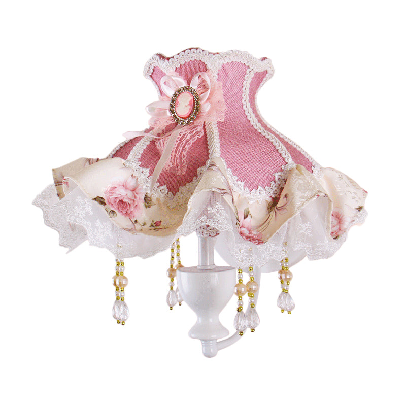1-Light Ruffle Wall Light American Garden Pink Fabric Wall Mounted Lamp with Curved Arm and Crystal Deco Clearhalo 'Wall Lamps & Sconces' 'Wall Lights' Lighting' 1982584