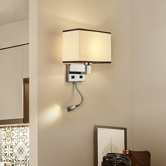 Fabric Cuboid Wall Light Kit Minimalist 1-Light White/Beige Spotlight Sconce Lamp with Charging Port Beige Clearhalo 'Cast Iron' 'Glass' 'Industrial' 'Modern wall lights' 'Modern' 'Tiffany' 'Traditional wall lights' 'Wall Lamps & Sconces' 'Wall Lights' Lighting' 1982600