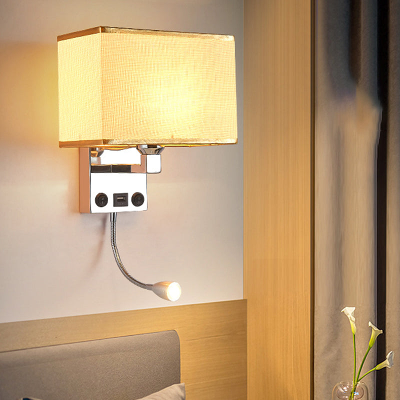 Black/White/Flaxen Cuboid Wall Lamp Modern Single Fabric Wall Sconce with USB Port and Spotlight Flaxen Clearhalo 'Cast Iron' 'Glass' 'Industrial' 'Modern wall lights' 'Modern' 'Tiffany' 'Traditional wall lights' 'Wall Lamps & Sconces' 'Wall Lights' Lighting' 1982623