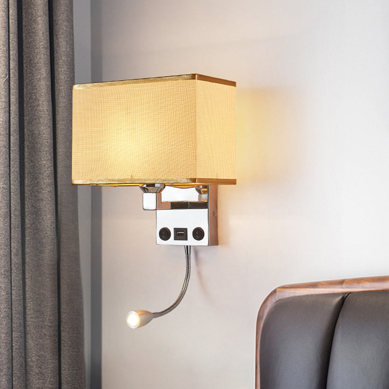Black/White/Flaxen Cuboid Wall Lamp Modern Single Fabric Wall Sconce with USB Port and Spotlight Clearhalo 'Cast Iron' 'Glass' 'Industrial' 'Modern wall lights' 'Modern' 'Tiffany' 'Traditional wall lights' 'Wall Lamps & Sconces' 'Wall Lights' Lighting' 1982624