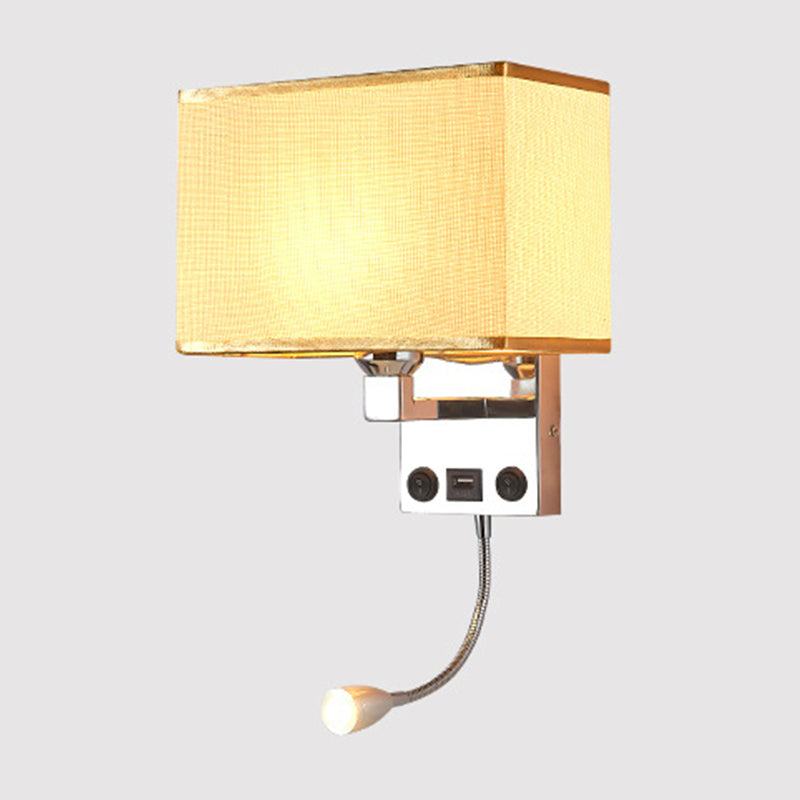 Black/White/Flaxen Cuboid Wall Lamp Modern Single Fabric Wall Sconce with USB Port and Spotlight Clearhalo 'Cast Iron' 'Glass' 'Industrial' 'Modern wall lights' 'Modern' 'Tiffany' 'Traditional wall lights' 'Wall Lamps & Sconces' 'Wall Lights' Lighting' 1982626
