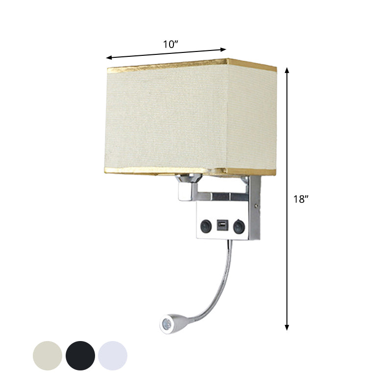 Black/White/Flaxen Cuboid Wall Lamp Modern Single Fabric Wall Sconce with USB Port and Spotlight Clearhalo 'Cast Iron' 'Glass' 'Industrial' 'Modern wall lights' 'Modern' 'Tiffany' 'Traditional wall lights' 'Wall Lamps & Sconces' 'Wall Lights' Lighting' 1982627