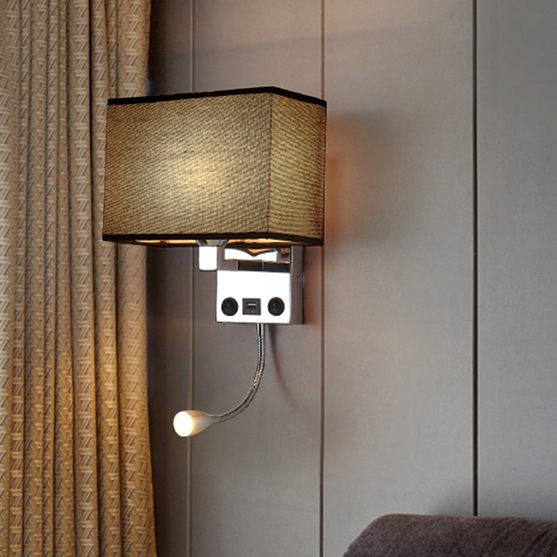 Black/White/Flaxen Cuboid Wall Lamp Modern Single Fabric Wall Sconce with USB Port and Spotlight Black Clearhalo 'Cast Iron' 'Glass' 'Industrial' 'Modern wall lights' 'Modern' 'Tiffany' 'Traditional wall lights' 'Wall Lamps & Sconces' 'Wall Lights' Lighting' 1982628