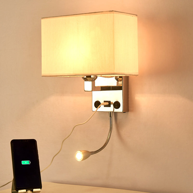 Black/White/Flaxen Cuboid Wall Lamp Modern Single Fabric Wall Sconce with USB Port and Spotlight White Clearhalo 'Cast Iron' 'Glass' 'Industrial' 'Modern wall lights' 'Modern' 'Tiffany' 'Traditional wall lights' 'Wall Lamps & Sconces' 'Wall Lights' Lighting' 1982631