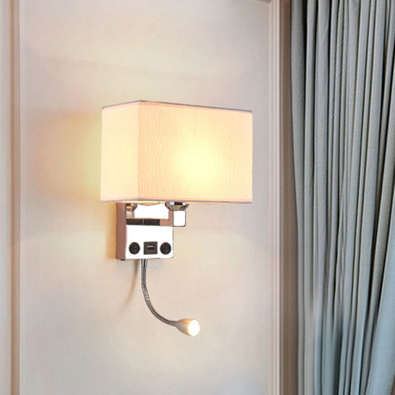 Black/White/Flaxen Cuboid Wall Lamp Modern Single Fabric Wall Sconce with USB Port and Spotlight Clearhalo 'Cast Iron' 'Glass' 'Industrial' 'Modern wall lights' 'Modern' 'Tiffany' 'Traditional wall lights' 'Wall Lamps & Sconces' 'Wall Lights' Lighting' 1982632