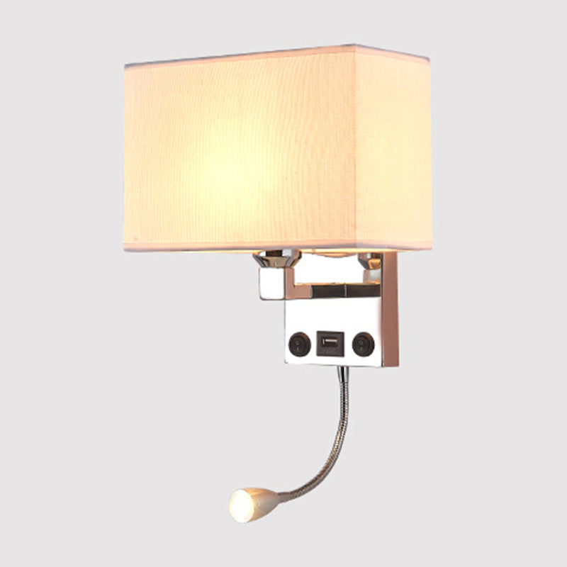 Black/White/Flaxen Cuboid Wall Lamp Modern Single Fabric Wall Sconce with USB Port and Spotlight Clearhalo 'Cast Iron' 'Glass' 'Industrial' 'Modern wall lights' 'Modern' 'Tiffany' 'Traditional wall lights' 'Wall Lamps & Sconces' 'Wall Lights' Lighting' 1982634