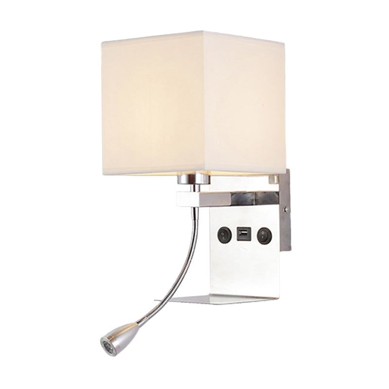 Rectangle Wall Mounted Reading Light Modern Fabric 1 Head Black/White/Beige Wall Sconce with Shelf and Spotlight White Clearhalo 'Cast Iron' 'Glass' 'Industrial' 'Modern wall lights' 'Modern' 'Tiffany' 'Traditional wall lights' 'Wall Lamps & Sconces' 'Wall Lights' Lighting' 1982647