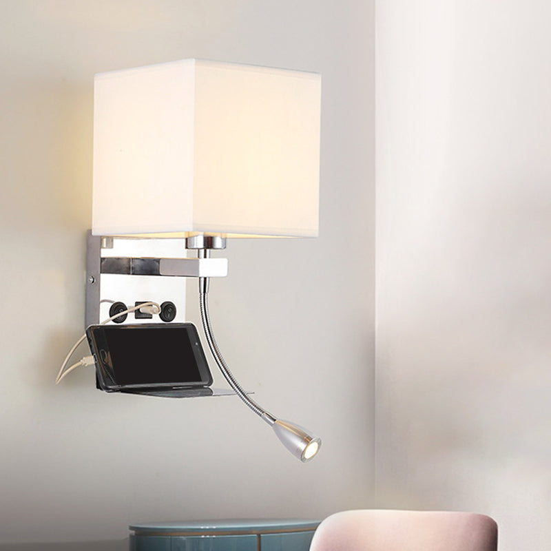 Rectangle Wall Mounted Reading Light Modern Fabric 1 Head Black/White/Beige Wall Sconce with Shelf and Spotlight Clearhalo 'Cast Iron' 'Glass' 'Industrial' 'Modern wall lights' 'Modern' 'Tiffany' 'Traditional wall lights' 'Wall Lamps & Sconces' 'Wall Lights' Lighting' 1982648