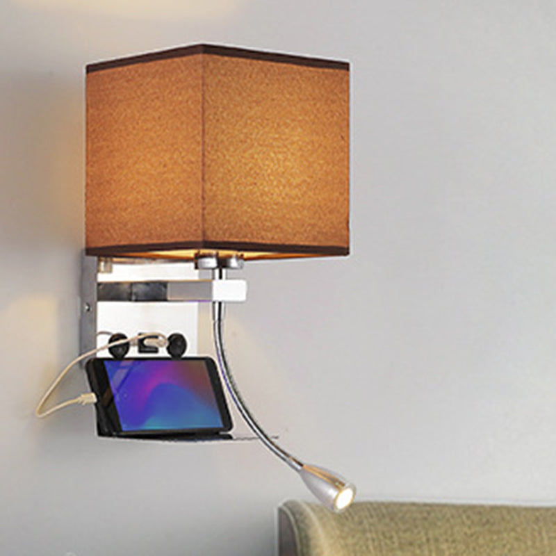 Rectangle Wall Mounted Reading Light Modern Fabric 1 Head Black/White/Beige Wall Sconce with Shelf and Spotlight Coffee Clearhalo 'Cast Iron' 'Glass' 'Industrial' 'Modern wall lights' 'Modern' 'Tiffany' 'Traditional wall lights' 'Wall Lamps & Sconces' 'Wall Lights' Lighting' 1982651