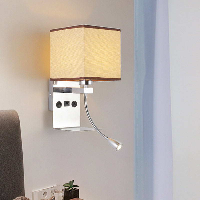 Rectangle Wall Mounted Reading Light Modern Fabric 1 Head Black/White/Beige Wall Sconce with Shelf and Spotlight Flaxen Clearhalo 'Cast Iron' 'Glass' 'Industrial' 'Modern wall lights' 'Modern' 'Tiffany' 'Traditional wall lights' 'Wall Lamps & Sconces' 'Wall Lights' Lighting' 1982654