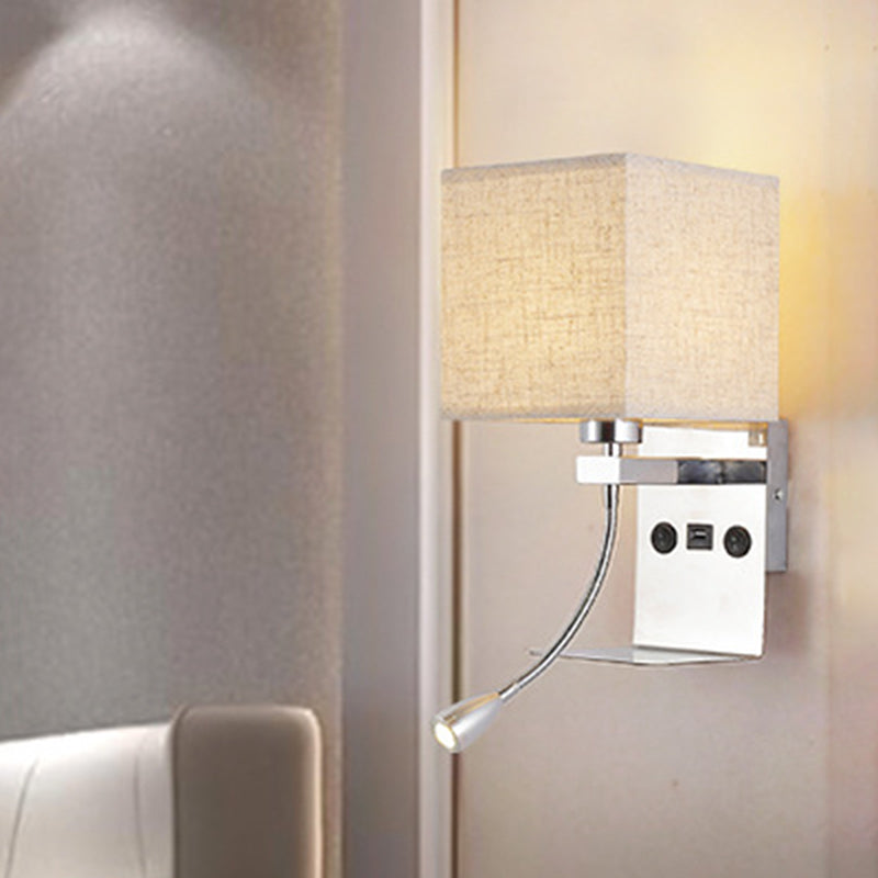 Rectangle Wall Mounted Reading Light Modern Fabric 1 Head Black/White/Beige Wall Sconce with Shelf and Spotlight Beige Clearhalo 'Cast Iron' 'Glass' 'Industrial' 'Modern wall lights' 'Modern' 'Tiffany' 'Traditional wall lights' 'Wall Lamps & Sconces' 'Wall Lights' Lighting' 1982657