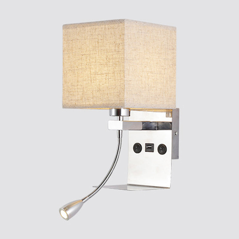 Rectangle Wall Mounted Reading Light Modern Fabric 1 Head Black/White/Beige Wall Sconce with Shelf and Spotlight Clearhalo 'Cast Iron' 'Glass' 'Industrial' 'Modern wall lights' 'Modern' 'Tiffany' 'Traditional wall lights' 'Wall Lamps & Sconces' 'Wall Lights' Lighting' 1982659