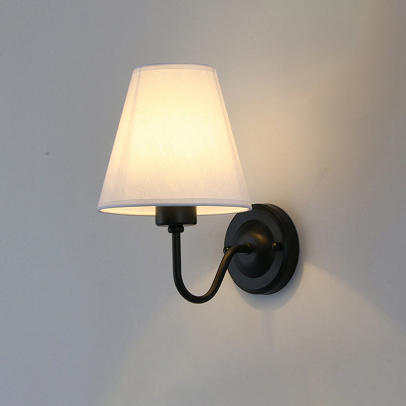 Black/Brown/Beige Cone Wall Lamp Nordic 1-Light Fabric Wall Lighting with Curved Arm in Black/White Black White Clearhalo 'Cast Iron' 'Glass' 'Industrial' 'Modern wall lights' 'Modern' 'Tiffany' 'Traditional wall lights' 'Wall Lamps & Sconces' 'Wall Lights' Lighting' 1982684