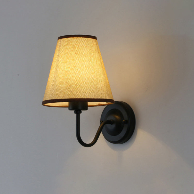 Black/Brown/Beige Cone Wall Lamp Nordic 1-Light Fabric Wall Lighting with Curved Arm in Black/White Black Beige Clearhalo 'Cast Iron' 'Glass' 'Industrial' 'Modern wall lights' 'Modern' 'Tiffany' 'Traditional wall lights' 'Wall Lamps & Sconces' 'Wall Lights' Lighting' 1982688