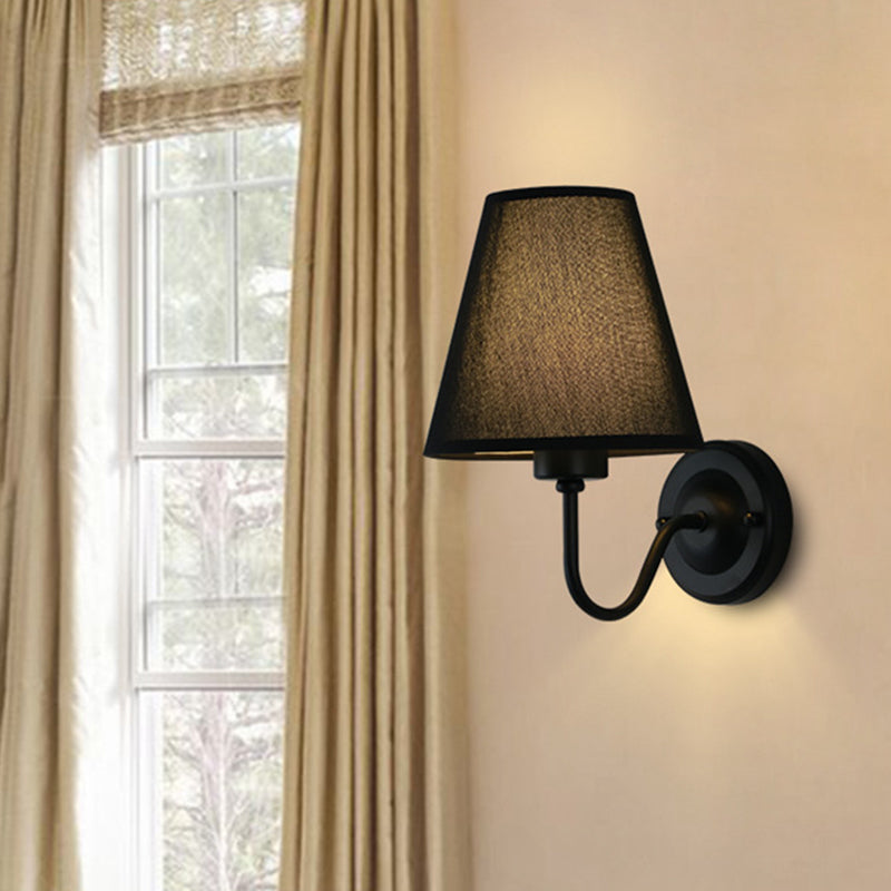 Black/Brown/Beige Cone Wall Lamp Nordic 1-Light Fabric Wall Lighting with Curved Arm in Black/White Black Black Clearhalo 'Cast Iron' 'Glass' 'Industrial' 'Modern wall lights' 'Modern' 'Tiffany' 'Traditional wall lights' 'Wall Lamps & Sconces' 'Wall Lights' Lighting' 1982691