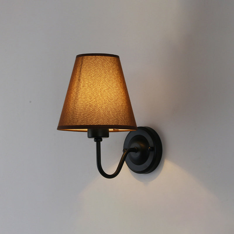 Black/Brown/Beige Cone Wall Lamp Nordic 1-Light Fabric Wall Lighting with Curved Arm in Black/White Black Brown Clearhalo 'Cast Iron' 'Glass' 'Industrial' 'Modern wall lights' 'Modern' 'Tiffany' 'Traditional wall lights' 'Wall Lamps & Sconces' 'Wall Lights' Lighting' 1982694