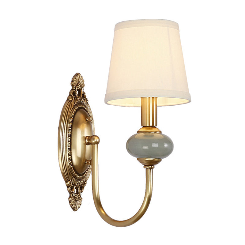 Gold Swoop Arm Wall Light Traditional Metal 1/2-Head Gold Sconce Lamp with Cone Shade and Faux Jade Decor 1.0 Gold Clearhalo 'Wall Lamps & Sconces' 'Wall Lights' Lighting' 1982760