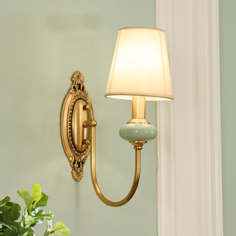 Gold Swoop Arm Wall Light Traditional Metal 1/2-Head Gold Sconce Lamp with Cone Shade and Faux Jade Decor Clearhalo 'Wall Lamps & Sconces' 'Wall Lights' Lighting' 1982761