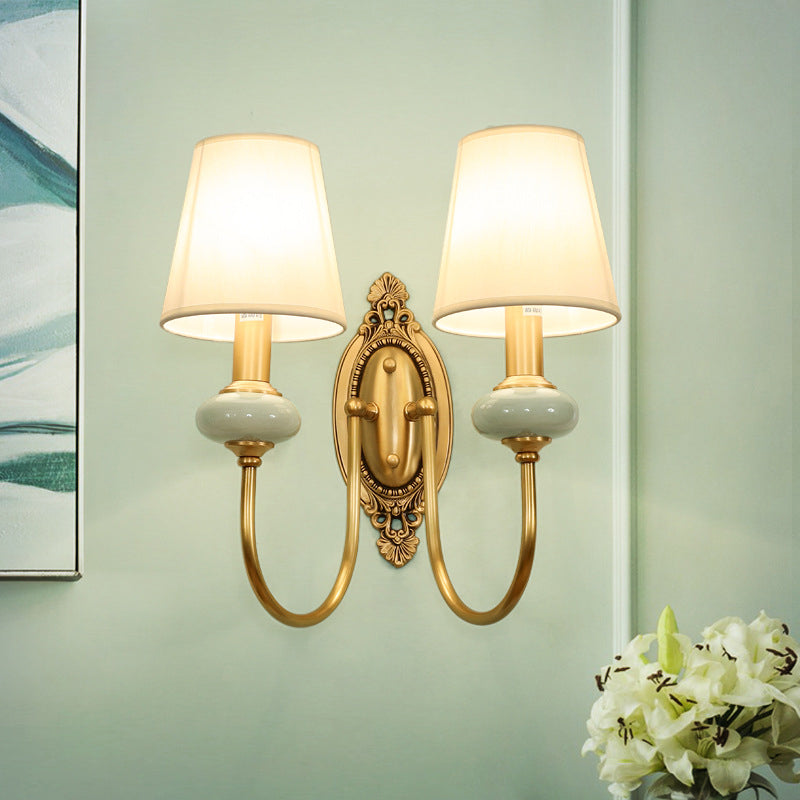 Gold Swoop Arm Wall Light Traditional Metal 1/2-Head Gold Sconce Lamp with Cone Shade and Faux Jade Decor 2.0 Gold Clearhalo 'Wall Lamps & Sconces' 'Wall Lights' Lighting' 1982763