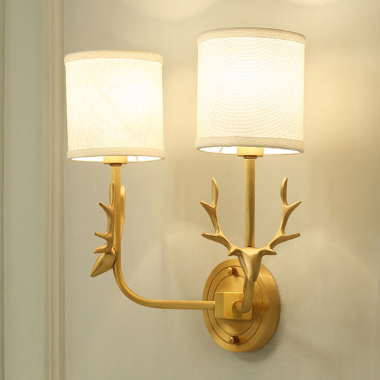 Gold Deer Wall Mounted Light Country Style Metal 2 Heads Bedroom Wall Lamp with Cylinder Fabric Shade Clearhalo 'Wall Lamps & Sconces' 'Wall Lights' Lighting' 1982815