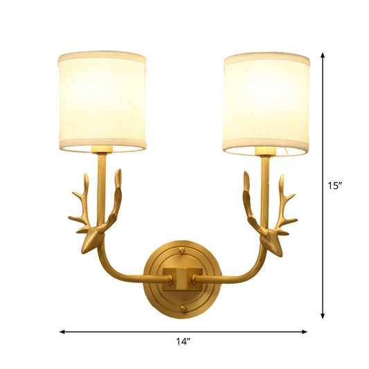 Gold Deer Wall Mounted Light Country Style Metal 2 Heads Bedroom Wall Lamp with Cylinder Fabric Shade Clearhalo 'Wall Lamps & Sconces' 'Wall Lights' Lighting' 1982817