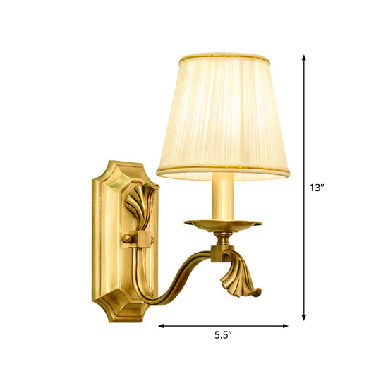 Candle Bedside Wall Lighting Rustic Metal 1/2-Light Gold Wall Mount Lamp with Cone Pleated Fabric Shade Clearhalo 'Wall Lamps & Sconces' 'Wall Lights' Lighting' 1982824