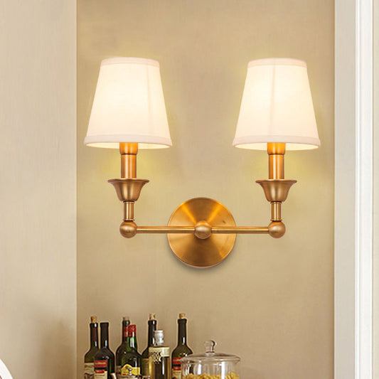 Traditional Cone Wall Lamp 1/2-Bulb Fabric Wall Mounted Light Fixture in Antiqued Gold Clearhalo 'Wall Lamps & Sconces' 'Wall Lights' Lighting' 1982826