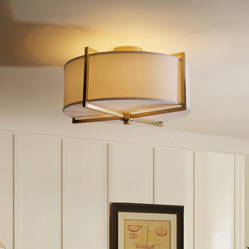 5 Lights Round/Square Flush Mount Lamp Rustic White Fabric Ceiling Light Fixture with X-Brace in Brass White Round Clearhalo 'Ceiling Lights' 'Close To Ceiling Lights' 'Close to ceiling' 'Semi-flushmount' Lighting' 1982832