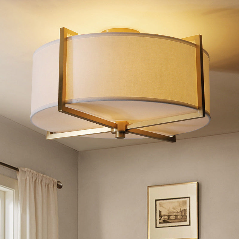 5 Lights Round/Square Flush Mount Lamp Rustic White Fabric Ceiling Light Fixture with X-Brace in Brass Clearhalo 'Ceiling Lights' 'Close To Ceiling Lights' 'Close to ceiling' 'Semi-flushmount' Lighting' 1982833