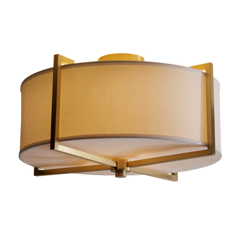 5 Lights Round/Square Flush Mount Lamp Rustic White Fabric Ceiling Light Fixture with X-Brace in Brass Clearhalo 'Ceiling Lights' 'Close To Ceiling Lights' 'Close to ceiling' 'Semi-flushmount' Lighting' 1982834