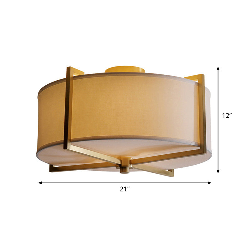 5 Lights Round/Square Flush Mount Lamp Rustic White Fabric Ceiling Light Fixture with X-Brace in Brass Clearhalo 'Ceiling Lights' 'Close To Ceiling Lights' 'Close to ceiling' 'Semi-flushmount' Lighting' 1982835