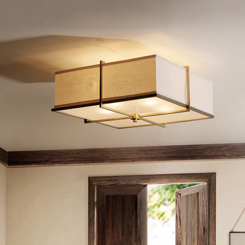 5 Lights Round/Square Flush Mount Lamp Rustic White Fabric Ceiling Light Fixture with X-Brace in Brass White Square Clearhalo 'Ceiling Lights' 'Close To Ceiling Lights' 'Close to ceiling' 'Semi-flushmount' Lighting' 1982836