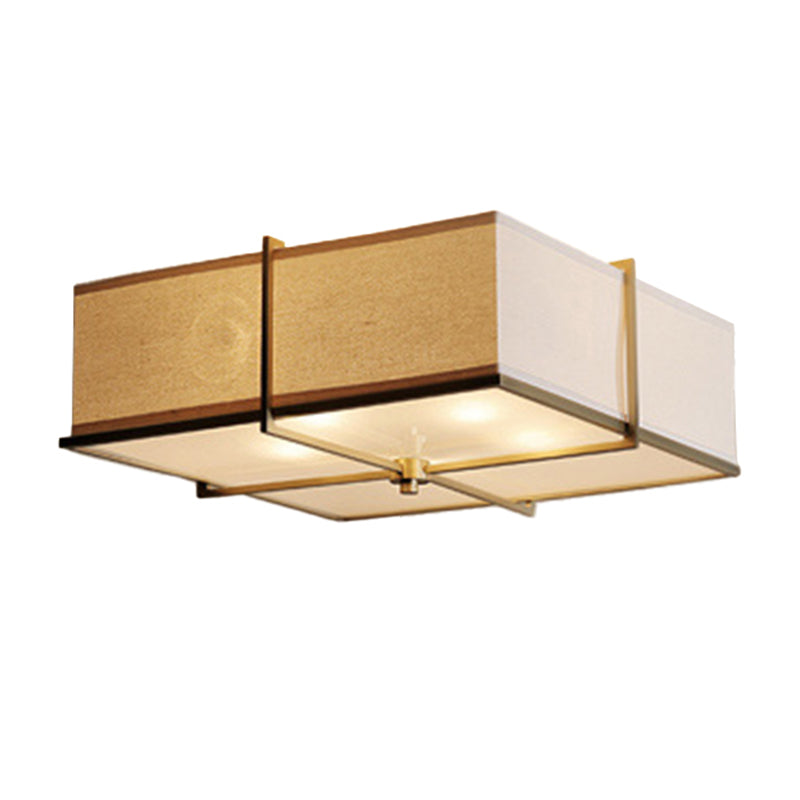 5 Lights Round/Square Flush Mount Lamp Rustic White Fabric Ceiling Light Fixture with X-Brace in Brass Clearhalo 'Ceiling Lights' 'Close To Ceiling Lights' 'Close to ceiling' 'Semi-flushmount' Lighting' 1982837
