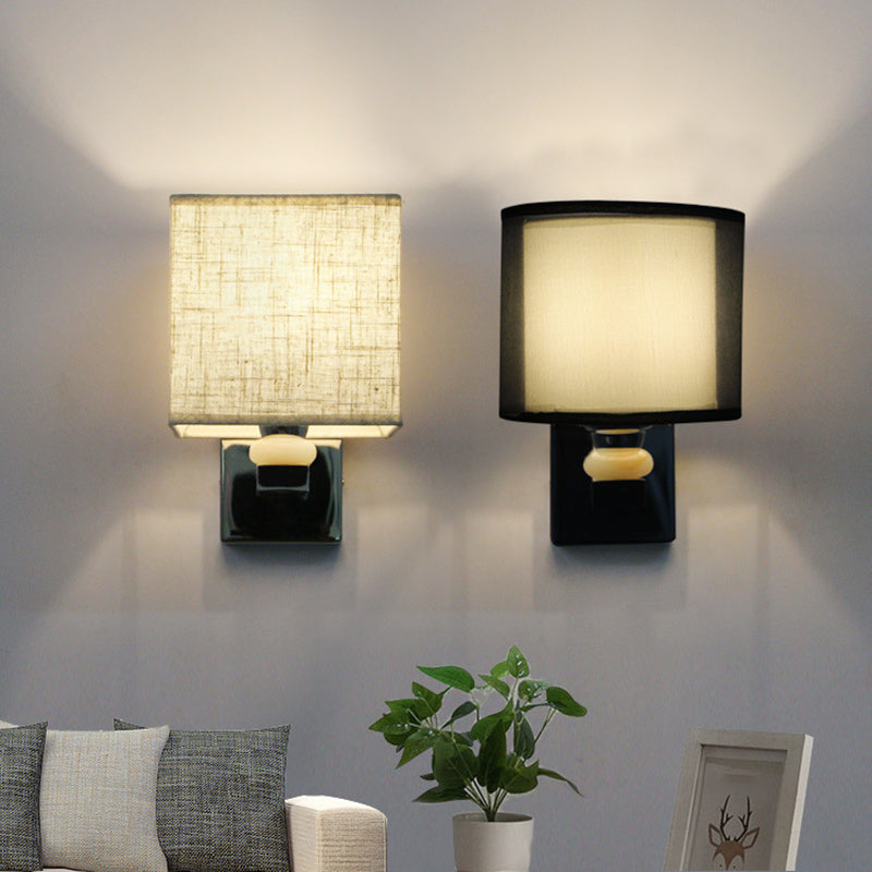 Nordic Cubic Wall Sconce Fabric 1-Light Dining Room Wall Mount Light Fixture in Beige/White/Flaxen Clearhalo 'Cast Iron' 'Glass' 'Industrial' 'Modern wall lights' 'Modern' 'Tiffany' 'Traditional wall lights' 'Wall Lamps & Sconces' 'Wall Lights' Lighting' 1982851