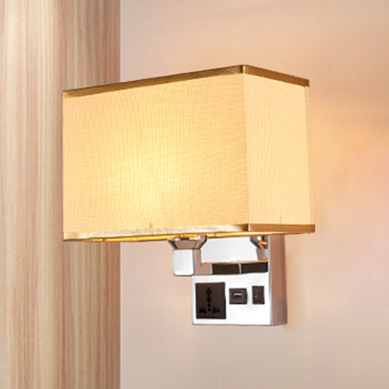 White/Flaxen Cuboid Wall Lamp Fixture Simplicity Single Fabric Sconce Light with Wall Socket and USB Port Flaxen Clearhalo 'Cast Iron' 'Glass' 'Industrial' 'Modern wall lights' 'Modern' 'Tiffany' 'Traditional wall lights' 'Wall Lamps & Sconces' 'Wall Lights' Lighting' 1982873