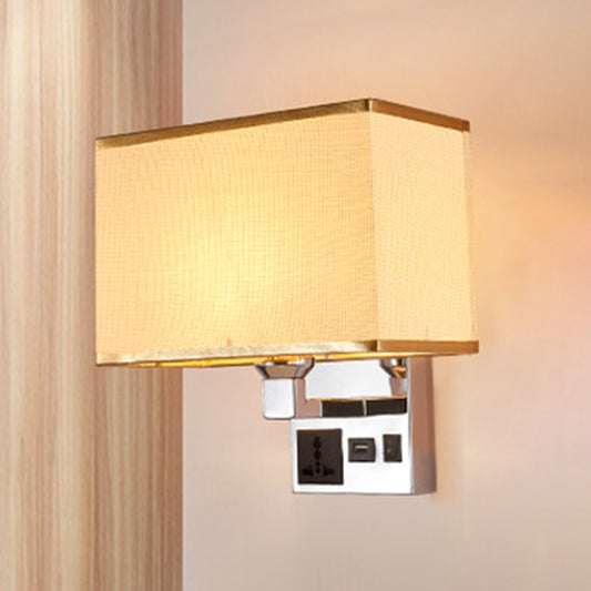 White/Flaxen Cuboid Wall Lamp Fixture Simplicity Single Fabric Sconce Light with Wall Socket and USB Port Flaxen Clearhalo 'Cast Iron' 'Glass' 'Industrial' 'Modern wall lights' 'Modern' 'Tiffany' 'Traditional wall lights' 'Wall Lamps & Sconces' 'Wall Lights' Lighting' 1982873