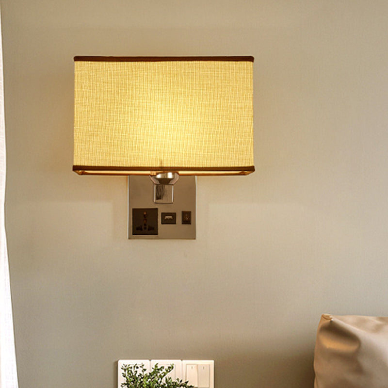 White/Flaxen Cuboid Wall Lamp Fixture Simplicity Single Fabric Sconce Light with Wall Socket and USB Port Clearhalo 'Cast Iron' 'Glass' 'Industrial' 'Modern wall lights' 'Modern' 'Tiffany' 'Traditional wall lights' 'Wall Lamps & Sconces' 'Wall Lights' Lighting' 1982874