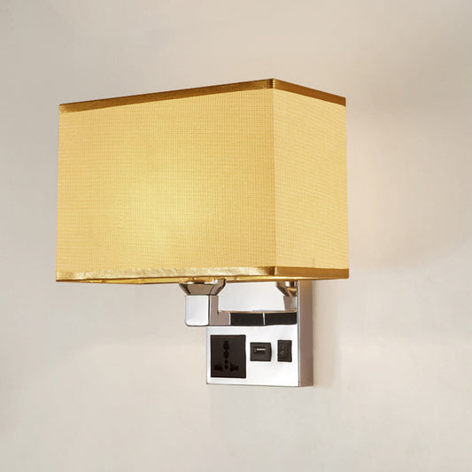White/Flaxen Cuboid Wall Lamp Fixture Simplicity Single Fabric Sconce Light with Wall Socket and USB Port Clearhalo 'Cast Iron' 'Glass' 'Industrial' 'Modern wall lights' 'Modern' 'Tiffany' 'Traditional wall lights' 'Wall Lamps & Sconces' 'Wall Lights' Lighting' 1982875
