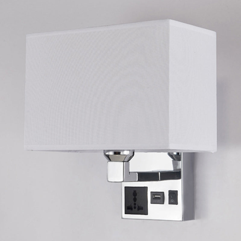 White/Flaxen Cuboid Wall Lamp Fixture Simplicity Single Fabric Sconce Light with Wall Socket and USB Port Clearhalo 'Cast Iron' 'Glass' 'Industrial' 'Modern wall lights' 'Modern' 'Tiffany' 'Traditional wall lights' 'Wall Lamps & Sconces' 'Wall Lights' Lighting' 1982881
