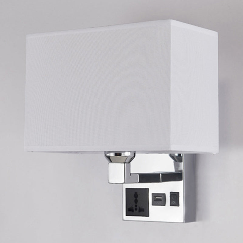 White/Flaxen Cuboid Wall Lamp Fixture Simplicity Single Fabric Sconce Light with Wall Socket and USB Port Clearhalo 'Cast Iron' 'Glass' 'Industrial' 'Modern wall lights' 'Modern' 'Tiffany' 'Traditional wall lights' 'Wall Lamps & Sconces' 'Wall Lights' Lighting' 1982881