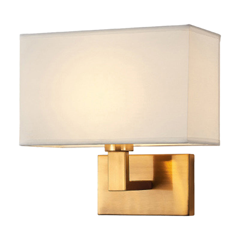 Postmodern Cuboid Sconce Lamp Fabric 1-Light Bedside Reading Wall Light in White/Beige/Brown with Black/Gold Arm Gold White Clearhalo 'Cast Iron' 'Glass' 'Industrial' 'Modern wall lights' 'Modern' 'Tiffany' 'Traditional wall lights' 'Wall Lamps & Sconces' 'Wall Lights' Lighting' 1982882