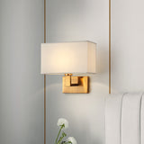 Postmodern Cuboid Sconce Lamp Fabric 1-Light Bedside Reading Wall Light in White/Beige/Brown with Black/Gold Arm Clearhalo 'Cast Iron' 'Glass' 'Industrial' 'Modern wall lights' 'Modern' 'Tiffany' 'Traditional wall lights' 'Wall Lamps & Sconces' 'Wall Lights' Lighting' 1982883