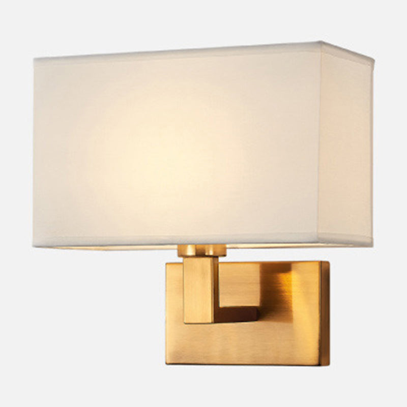 Postmodern Cuboid Sconce Lamp Fabric 1-Light Bedside Reading Wall Light in White/Beige/Brown with Black/Gold Arm Clearhalo 'Cast Iron' 'Glass' 'Industrial' 'Modern wall lights' 'Modern' 'Tiffany' 'Traditional wall lights' 'Wall Lamps & Sconces' 'Wall Lights' Lighting' 1982884