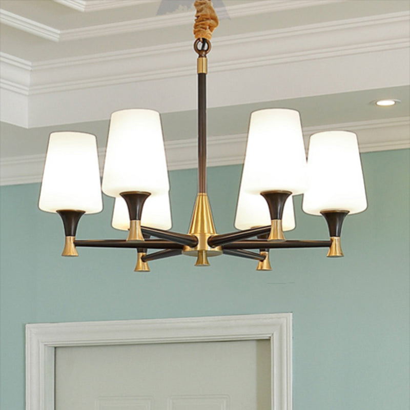 Conic Bedroom Ceiling Hang Light Fabric/White Glass 6/8-Light Modern Chandelier in Black and Gold 6 Black Glass Clearhalo 'Ceiling Lights' 'Chandeliers' 'Modern Chandeliers' 'Modern' Lighting' 1983053