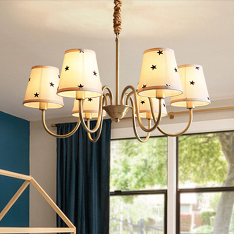 Star Patterned Fabric Conical Chandelier Rustic 3/5/6 Lights Bedroom Ceiling Hang Lamp in Gold 6 Gold Clearhalo 'Ceiling Lights' 'Chandeliers' Lighting' options 1983076_b6743e5a-d071-4f55-b32a-05a873caa6bd